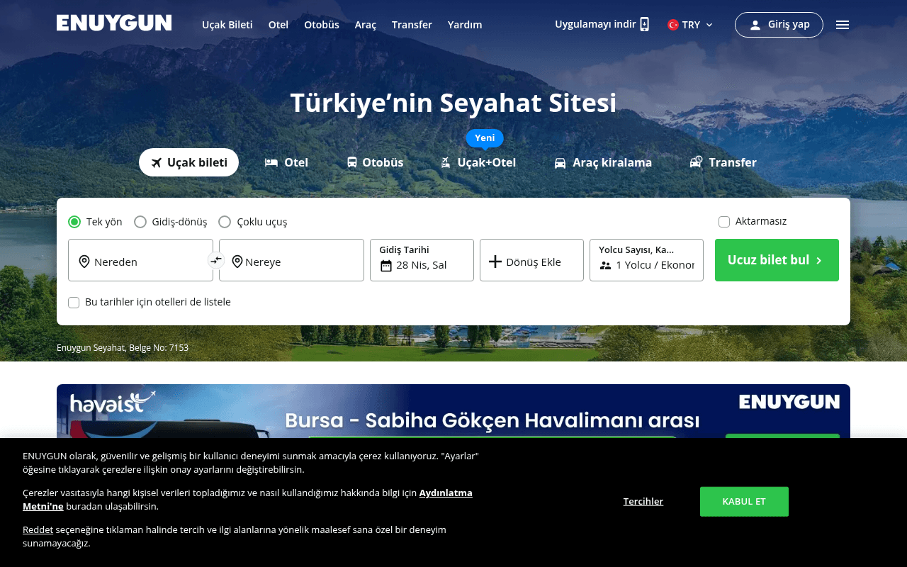 Screenshot of enuygun.com